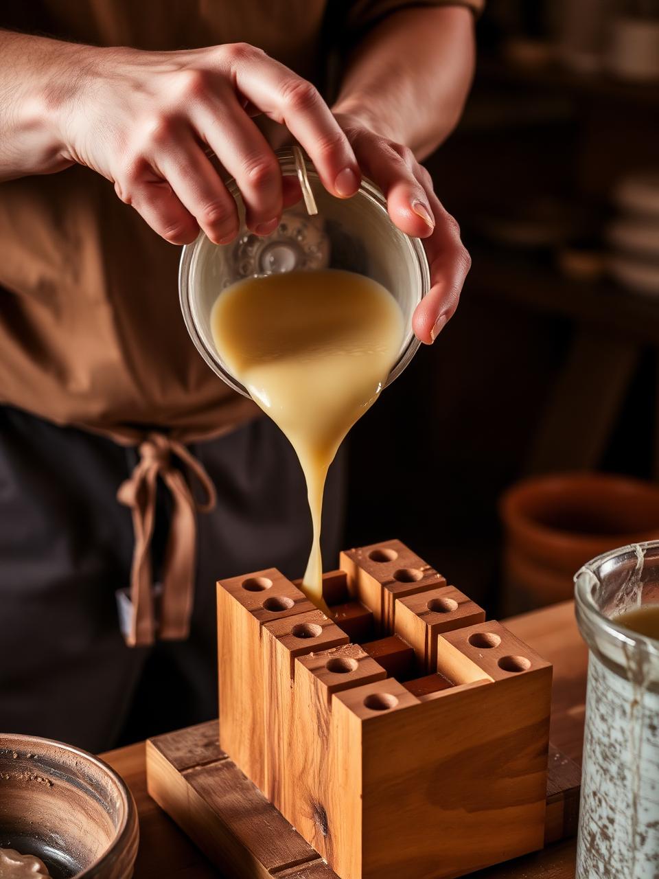 Coulage de la pâte à savon dans un moule de bois